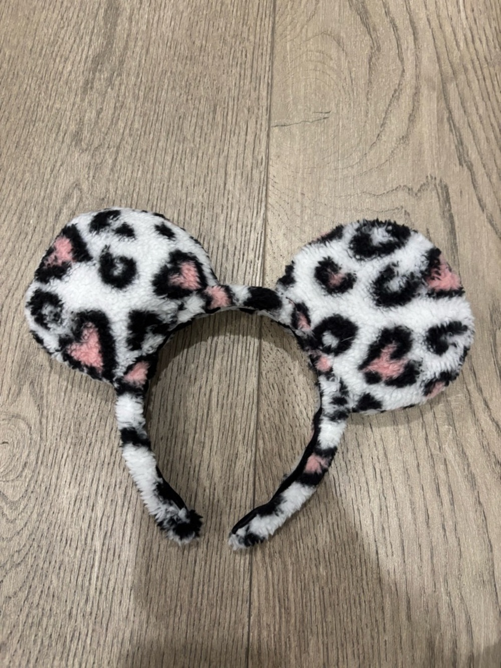 Disney Plush Leopard Print Minnie Ears Headband in White, Black & Pink